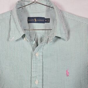 Ralph Lauren Shirt Mens Medium Green Stripe Short Sleeve Button Front Pony
